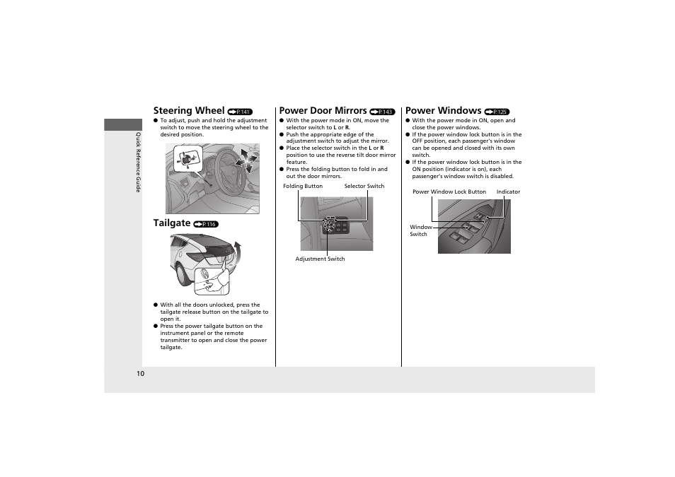 Steering wheel, Tailgate, Power door mirrors | Power windows | Acura 2013 ZDX User Manual | Page 12 / 324