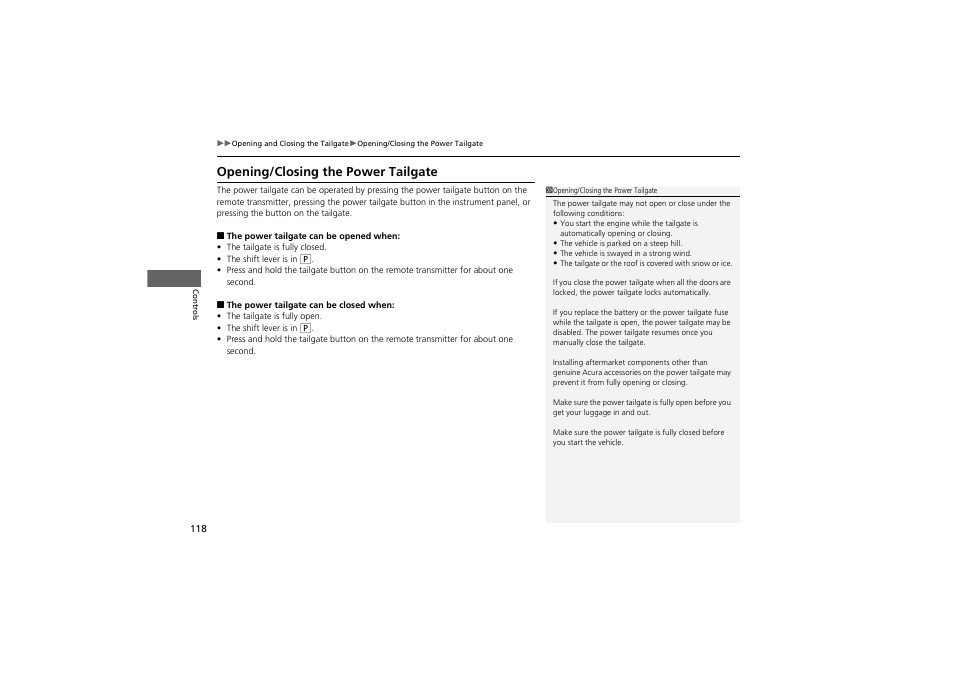 Opening/closing the power tailgate | Acura 2013 ZDX User Manual | Page 120 / 324