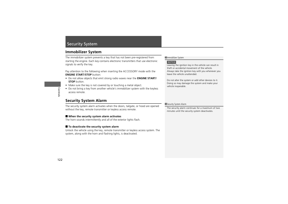 Security system, Immobilizer system, Security system alarm | Acura 2013 ZDX User Manual | Page 124 / 324
