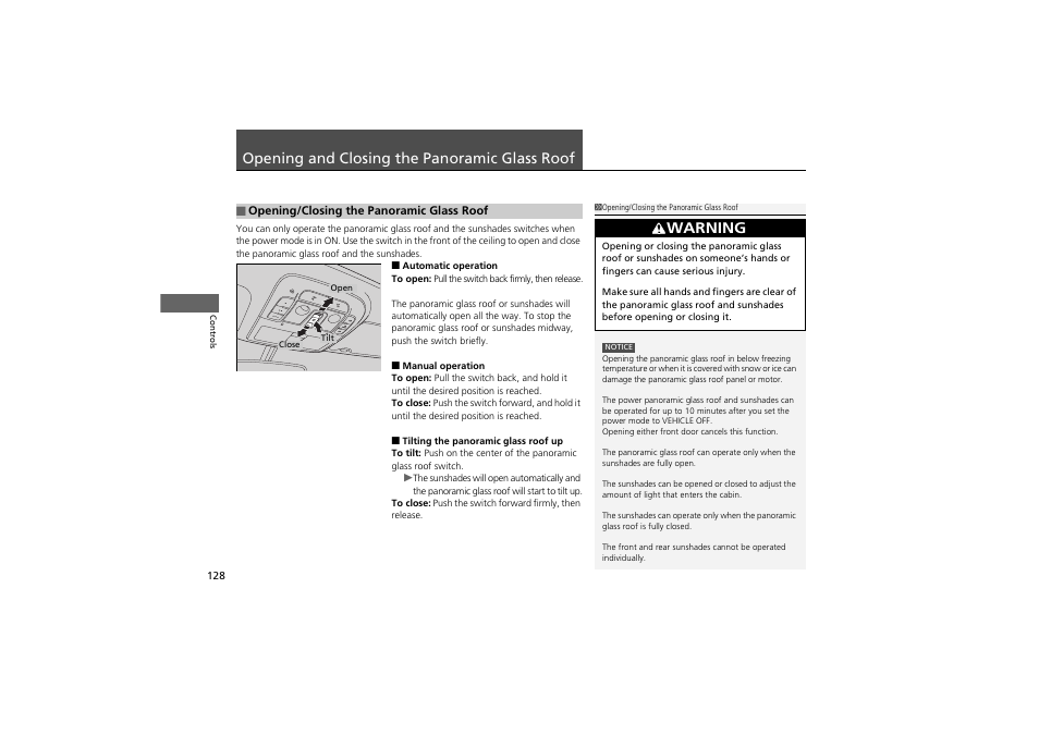 Opening and closing the panoramic glass roof, Warning | Acura 2013 ZDX User Manual | Page 130 / 324