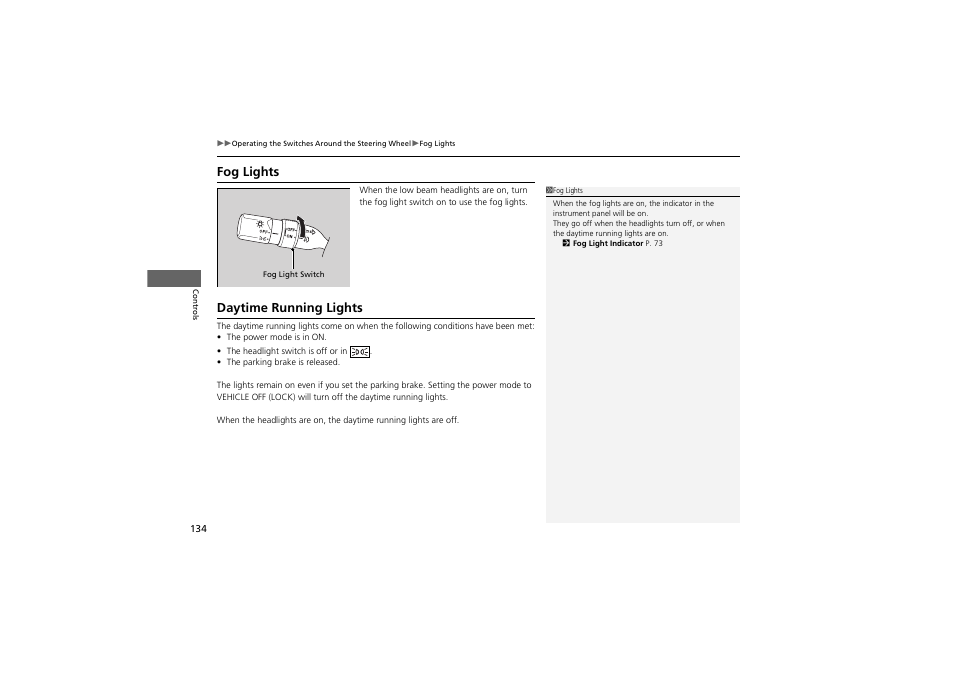 Fog lights, Daytime running lights | Acura 2013 ZDX User Manual | Page 136 / 324