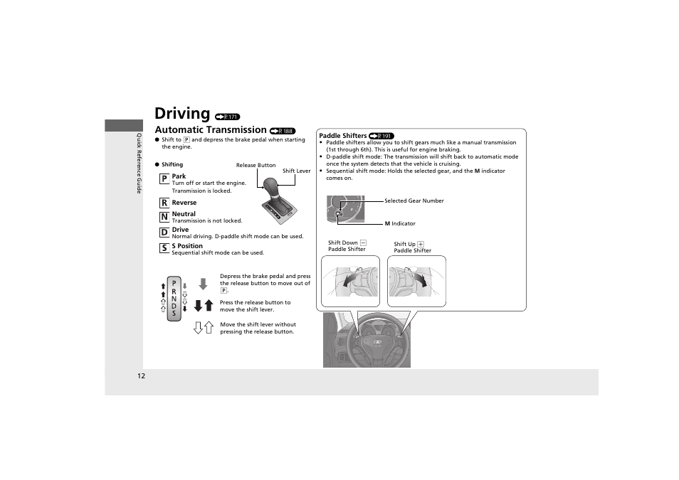 Driving, Automatic transmission | Acura 2013 ZDX User Manual | Page 14 / 324