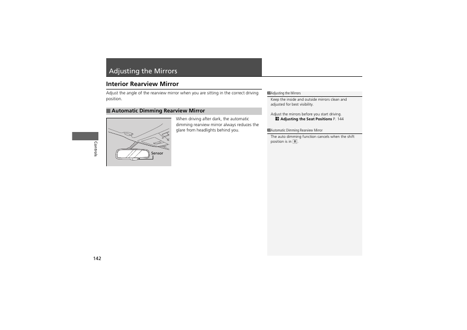 Adjusting the mirrors, Interior rearview mirror | Acura 2013 ZDX User Manual | Page 144 / 324