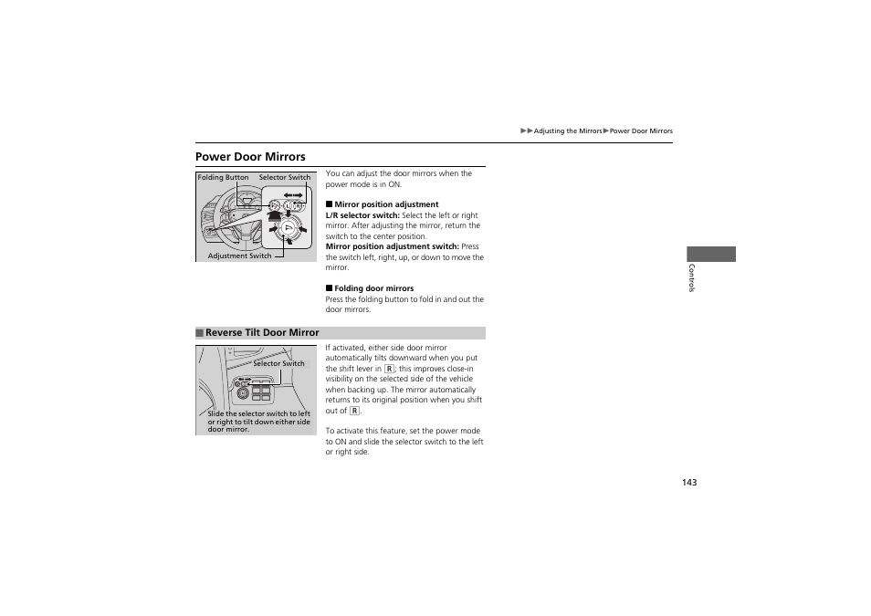 Power door mirrors | Acura 2013 ZDX User Manual | Page 145 / 324