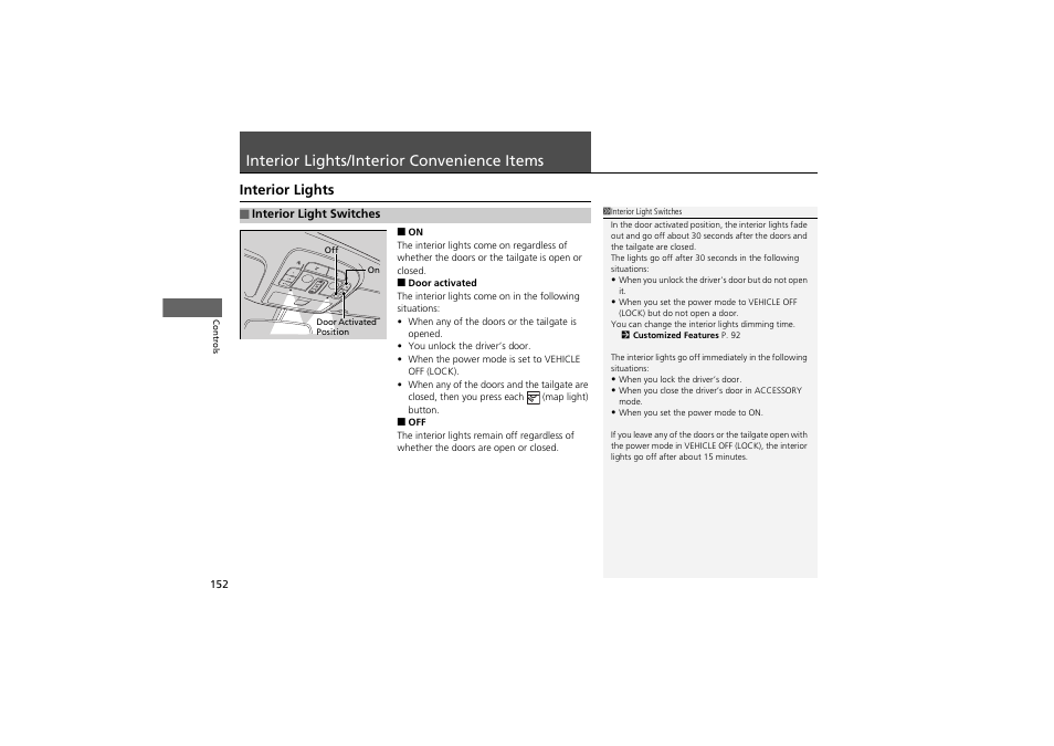 Interior lights/interior convenience items, Interior lights | Acura 2013 ZDX User Manual | Page 154 / 324