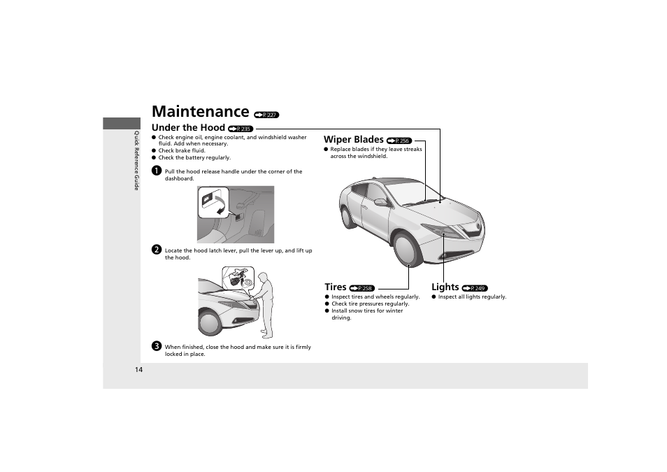 Maintenance, Under the hood, Lights | Wiper blades, Tires | Acura 2013 ZDX User Manual | Page 16 / 324