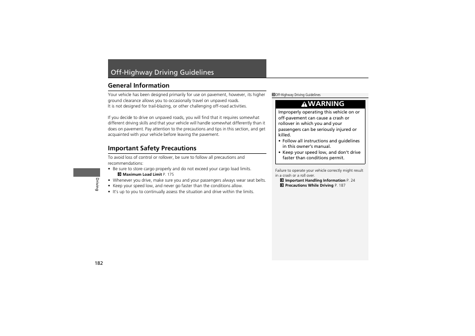Off-highway driving guidelines, Warning | Acura 2013 ZDX User Manual | Page 184 / 324