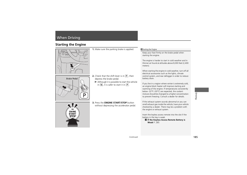 When driving, Starting the engine | Acura 2013 ZDX User Manual | Page 187 / 324