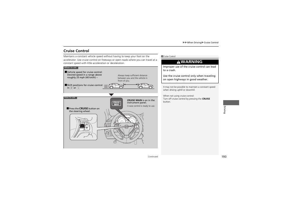 Warning, Cruise control | Acura 2013 ZDX User Manual | Page 195 / 324