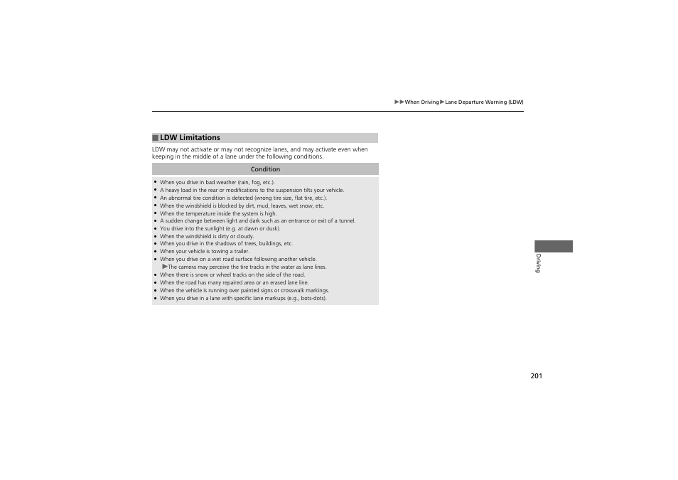 Ldw limitations | Acura 2013 ZDX User Manual | Page 203 / 324