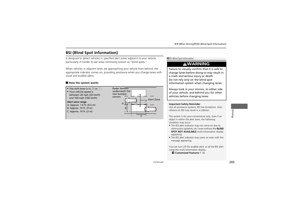 Warning, Bsi (blind spot information) | Acura 2013 ZDX User Manual | Page 207 / 324