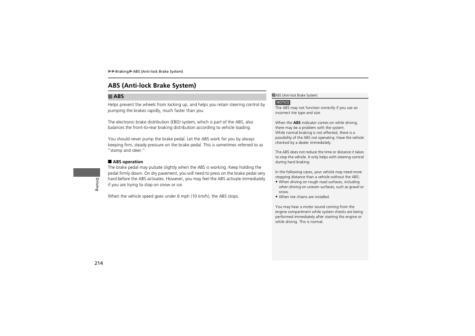 Abs (anti-lock brake system) | Acura 2013 ZDX User Manual | Page 216 / 324