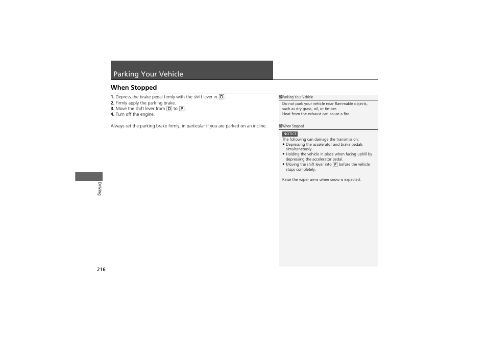 Parking your vehicle, When stopped | Acura 2013 ZDX User Manual | Page 218 / 324