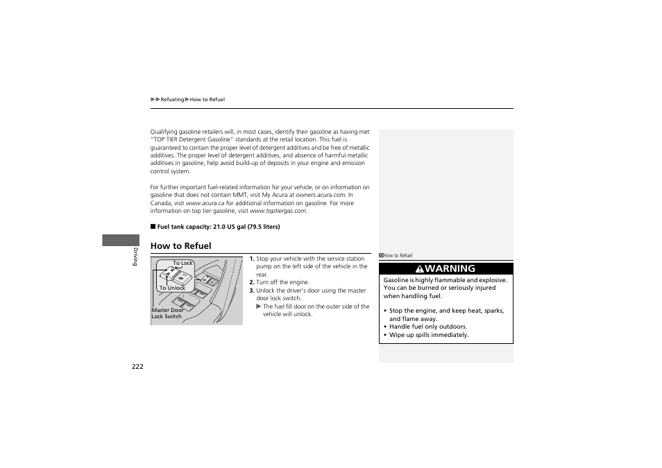 Warning, How to refuel | Acura 2013 ZDX User Manual | Page 224 / 324