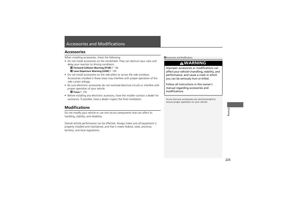 Accessories and modifications, Warning | Acura 2013 ZDX User Manual | Page 227 / 324