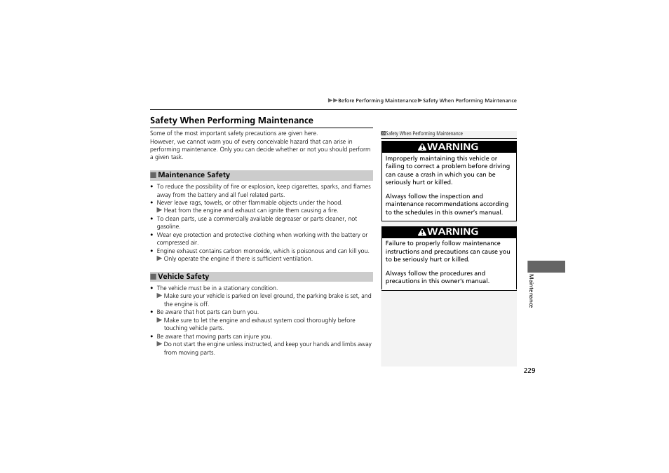 Warning, Safety when performing maintenance | Acura 2013 ZDX User Manual | Page 231 / 324