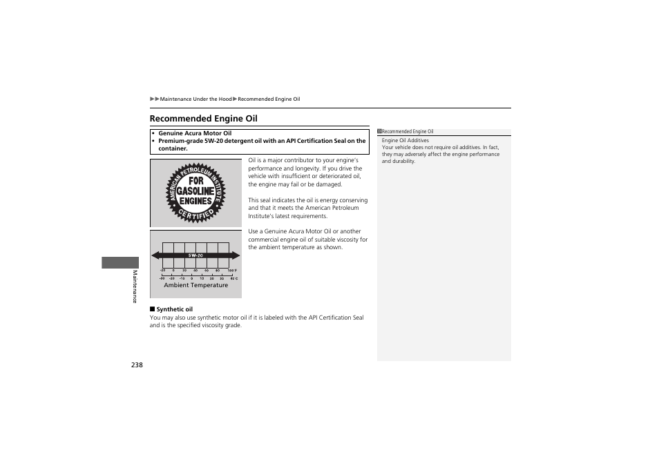 Recommended engine oil | Acura 2013 ZDX User Manual | Page 240 / 324