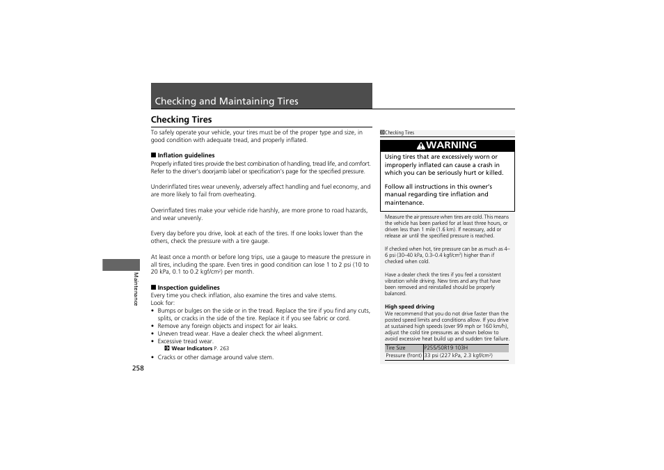 Checking and maintaining tires, Warning, Checking tires | Acura 2013 ZDX User Manual | Page 260 / 324