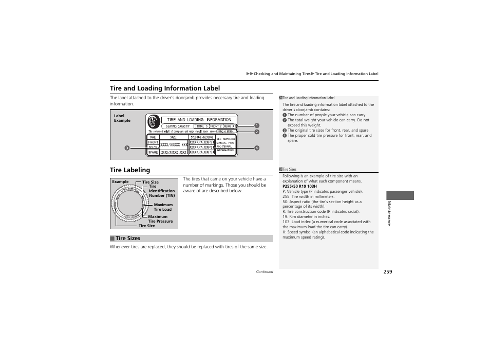 Tire and loading information label, Tire labeling | Acura 2013 ZDX User Manual | Page 261 / 324