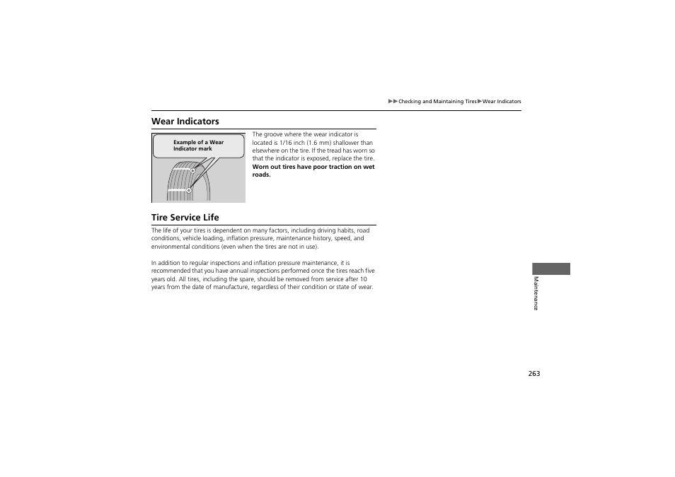 Wear indicators, Tire service life | Acura 2013 ZDX User Manual | Page 265 / 324