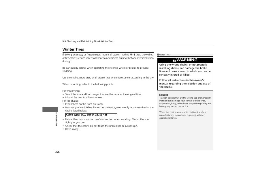 Warning, Winter tires | Acura 2013 ZDX User Manual | Page 268 / 324