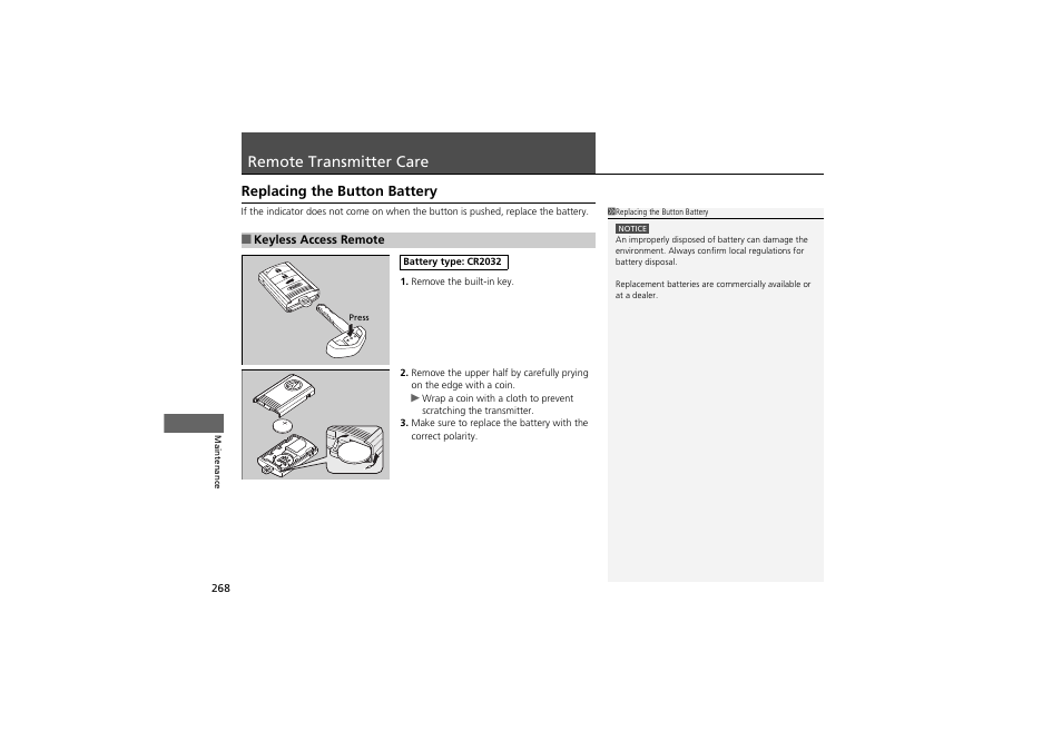 Remote transmitter care, Replacing the button battery | Acura 2013 ZDX User Manual | Page 270 / 324