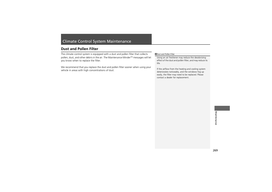 Climate control system maintenance, Dust and pollen filter | Acura 2013 ZDX User Manual | Page 271 / 324