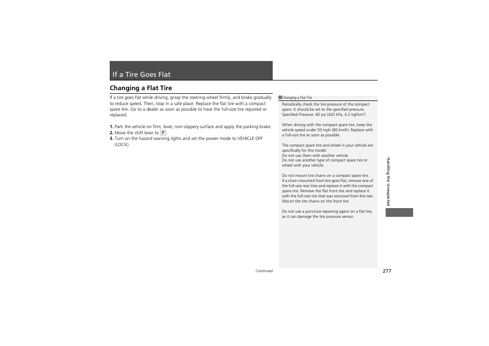 If a tire goes flat, Changing a flat tire | Acura 2013 ZDX User Manual | Page 279 / 324