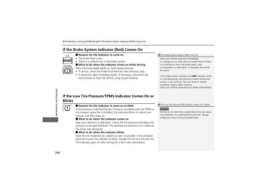If the brake system indicator (red) comes on | Acura 2013 ZDX User Manual | Page 296 / 324