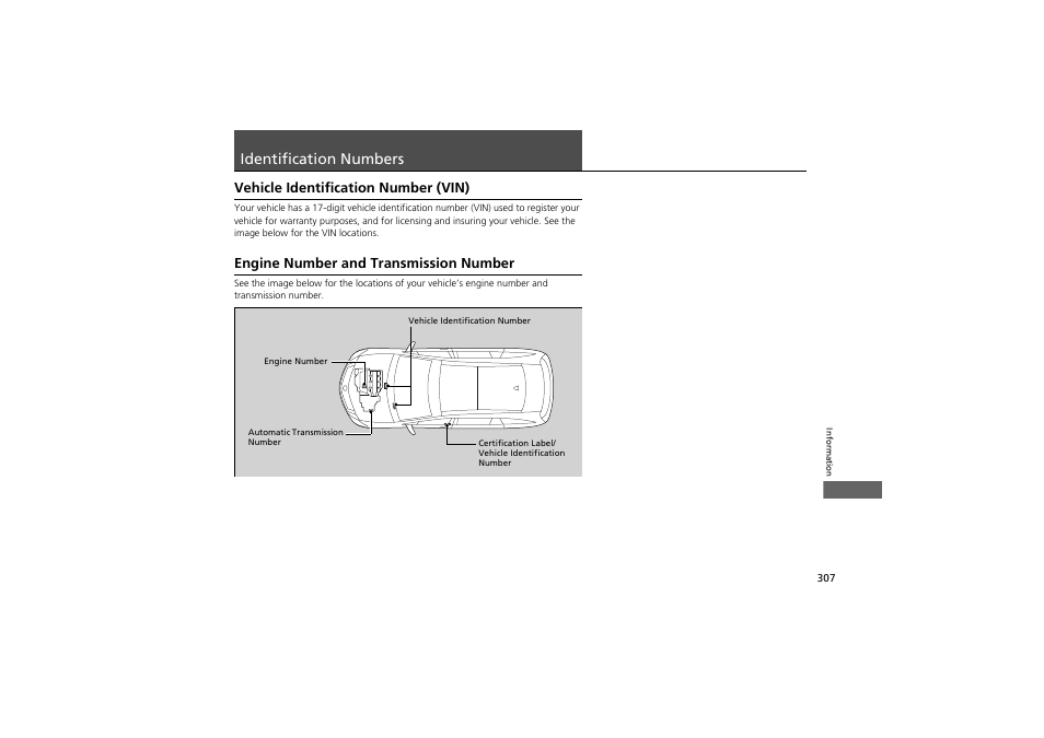 Identification numbers, Vehicle identification number (vin), Engine number and transmission number | Acura 2013 ZDX User Manual | Page 309 / 324