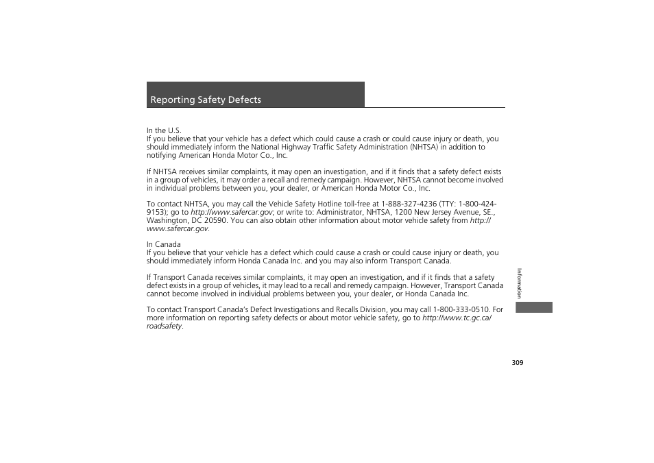 Reporting safety defects | Acura 2013 ZDX User Manual | Page 311 / 324