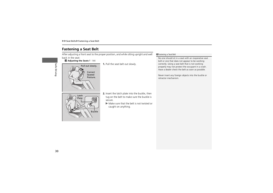 Fastening a seat belt | Acura 2013 ZDX User Manual | Page 32 / 324