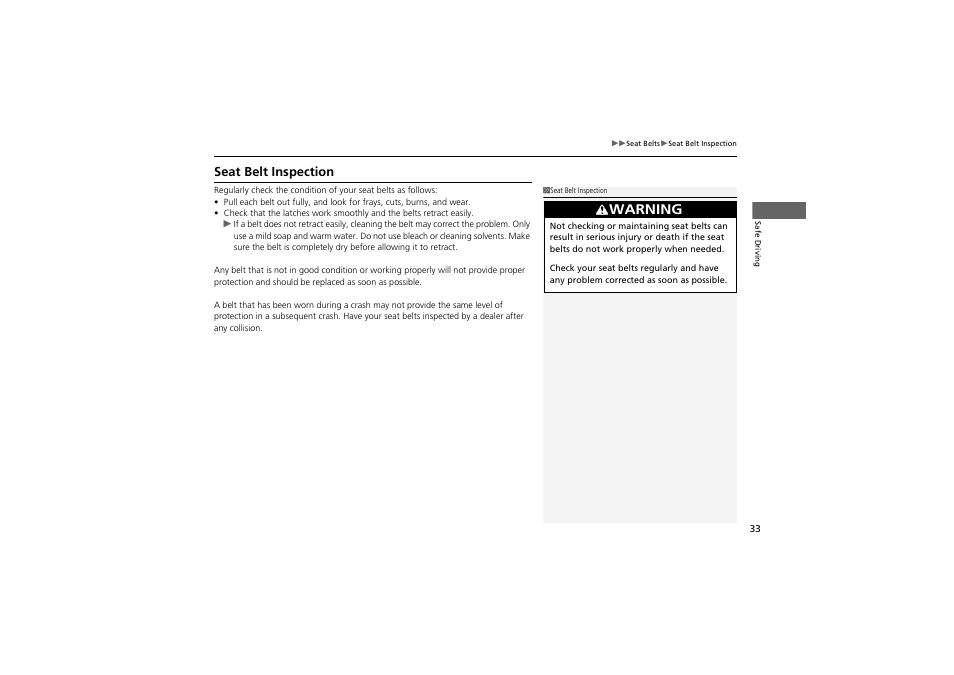 Warning, Seat belt inspection | Acura 2013 ZDX User Manual | Page 35 / 324