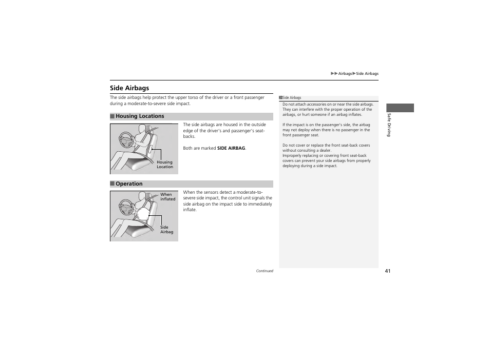 Side airbags | Acura 2013 ZDX User Manual | Page 43 / 324