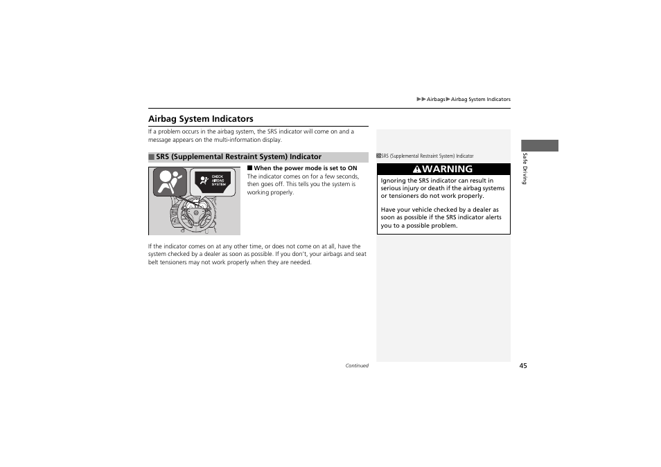 Warning, Airbag system indicators | Acura 2013 ZDX User Manual | Page 47 / 324