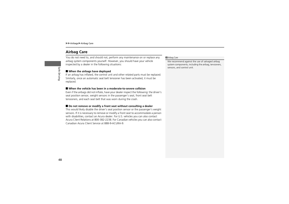 Airbag care | Acura 2013 ZDX User Manual | Page 50 / 324