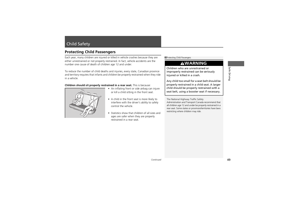 Child safety, Warning, Protecting child passengers | Acura 2013 ZDX User Manual | Page 51 / 324