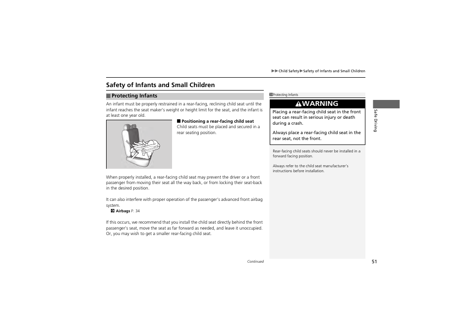 Warning, Safety of infants and small children | Acura 2013 ZDX User Manual | Page 53 / 324