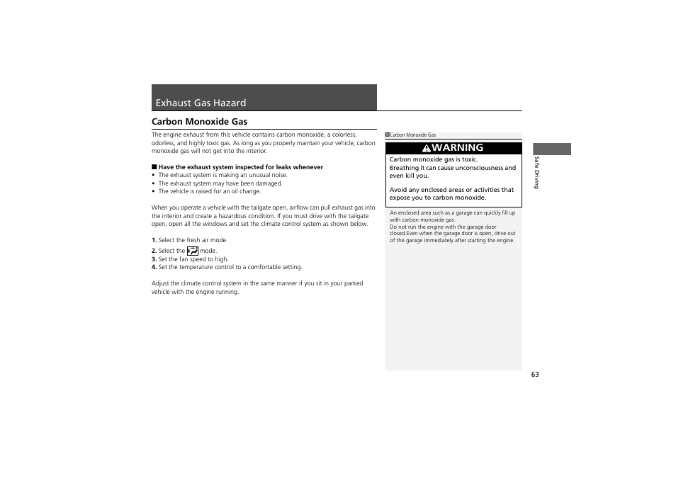 Exhaust gas hazard, Warning, Carbon monoxide gas | Acura 2013 ZDX User Manual | Page 65 / 324