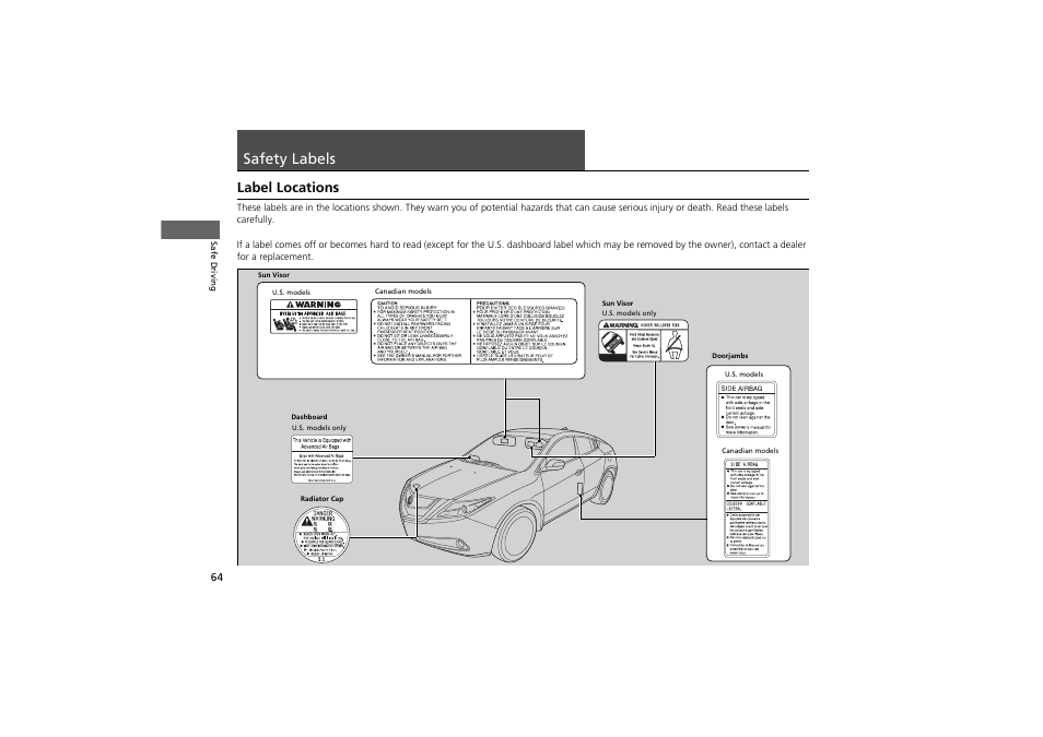 Safety labels, Label locations | Acura 2013 ZDX User Manual | Page 66 / 324