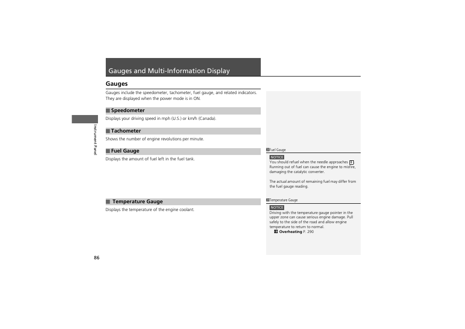Gauges and multi-information display, Gauges | Acura 2013 ZDX User Manual | Page 88 / 324