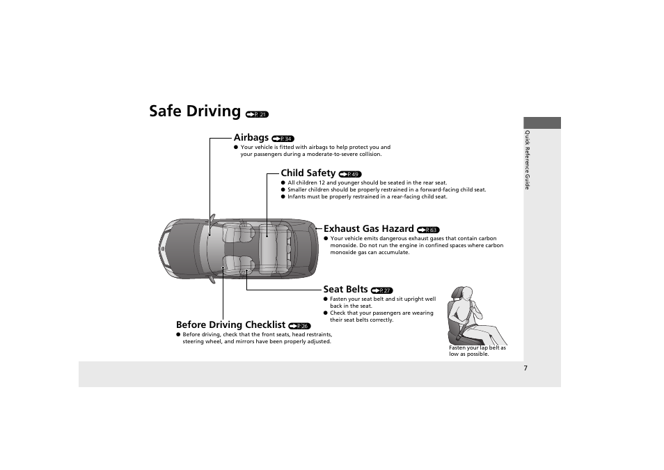 Safe driving, Airbags, Child safety | Exhaust gas hazard, Before driving checklist, Seat belts | Acura 2013 ZDX User Manual | Page 9 / 324