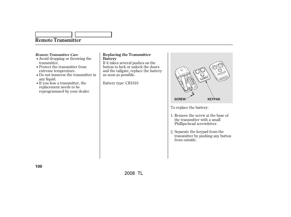 Remote transmitter | Acura 2008 TL User Manual | Page 103 / 376