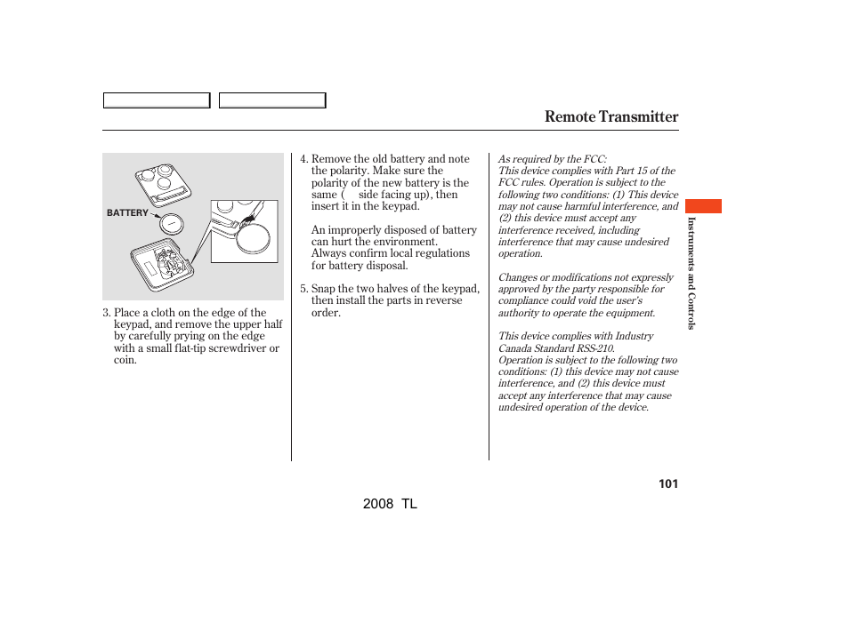 Remote transmitter, 2008 tl | Acura 2008 TL User Manual | Page 104 / 376