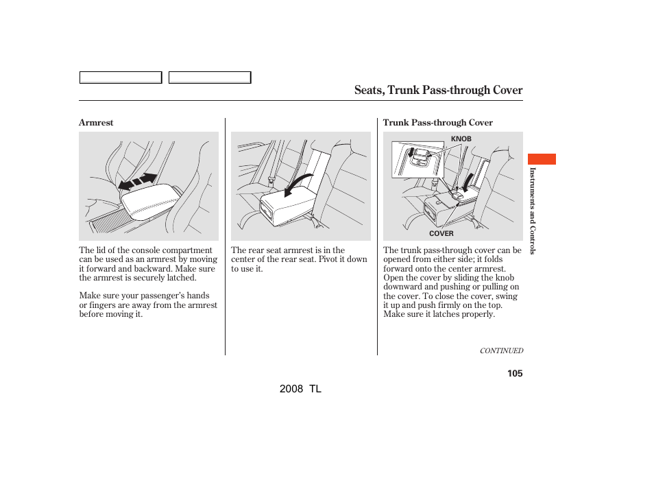 Seats, trunk pass-through cover, 2008 tl | Acura 2008 TL User Manual | Page 108 / 376