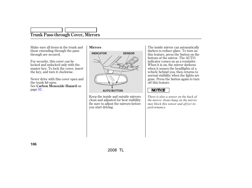 Trunk pass-through cover, mirrors | Acura 2008 TL User Manual | Page 109 / 376