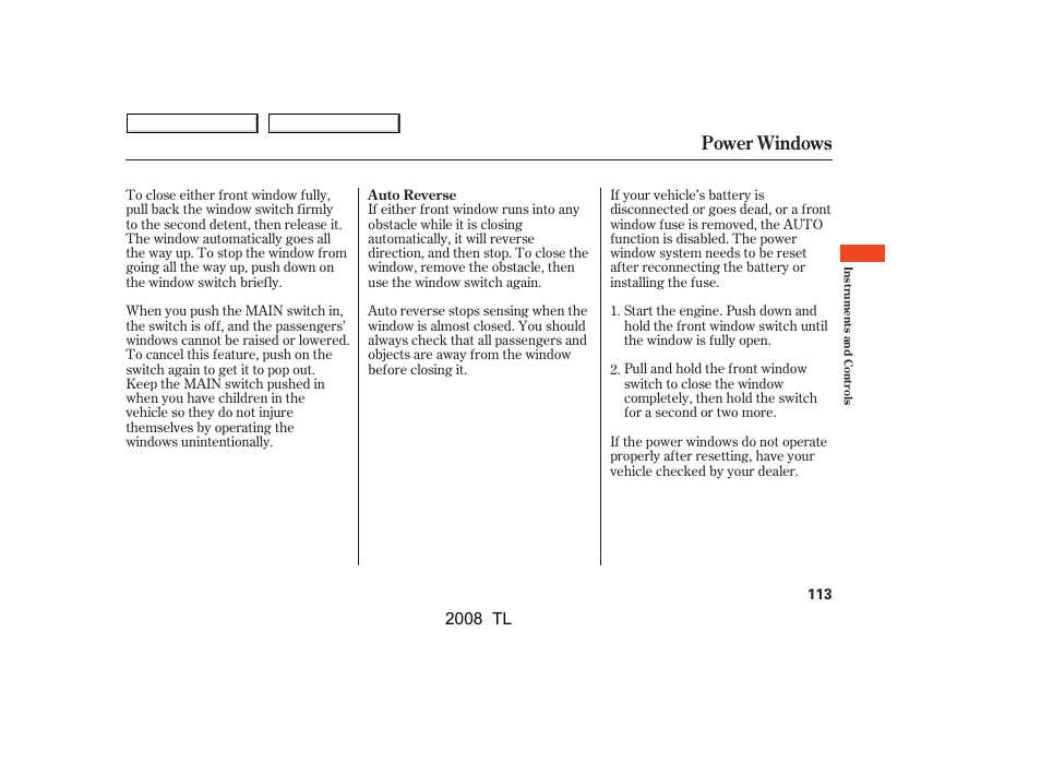 Power windows, 2008 tl | Acura 2008 TL User Manual | Page 116 / 376