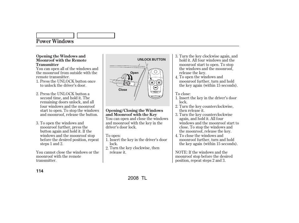 Power windows | Acura 2008 TL User Manual | Page 117 / 376