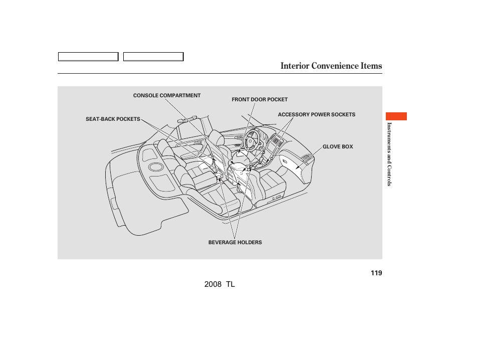 Interior convenience items, 2008 tl | Acura 2008 TL User Manual | Page 122 / 376