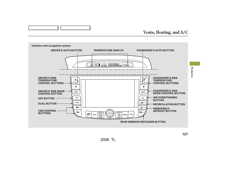 Vents, heating, and a/c, 2008 tl | Acura 2008 TL User Manual | Page 130 / 376